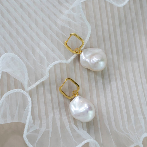 Baroque Pearl Drop Gold Square Hoop Earrings